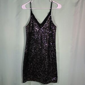 Black Sequin Slip Dress Womens Spaghetti Strap Mini Party Cocktail Night Dress